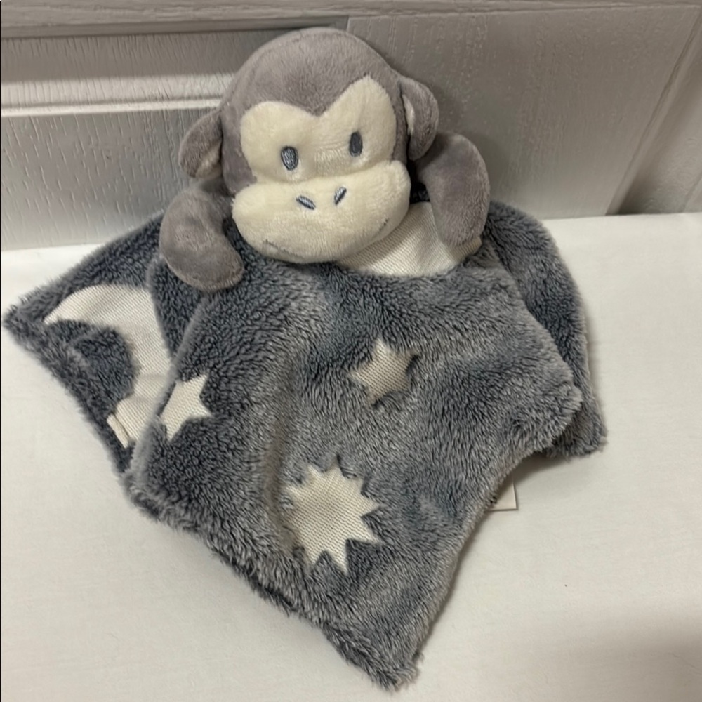 Bed Bubs Gray Plush Monkey Blanket Star And Moon Pattern 10x10” Rattle Arms.